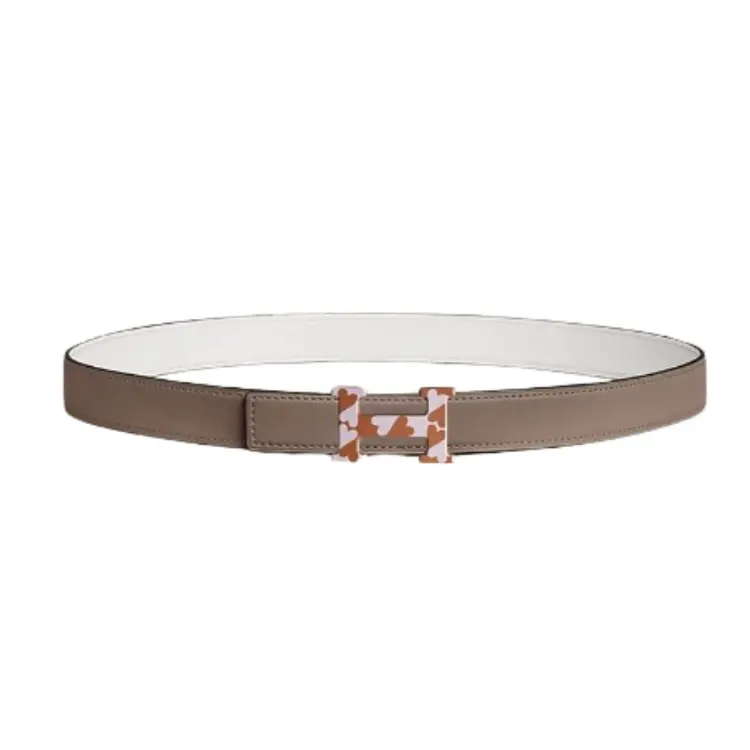 HERMES Logo Design, Smooth Buckle Leather Belts Women's Gray Width 2.4CM