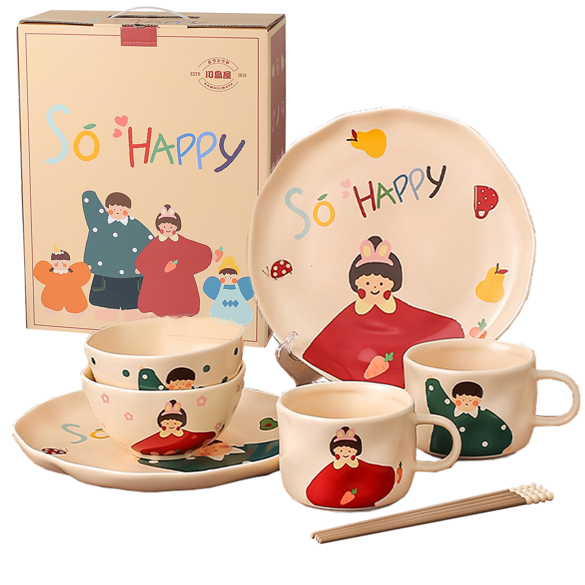 Kawashimaya family of four, three parent-child tableware set, home dishware gift box, wedding, birthday gift, practical