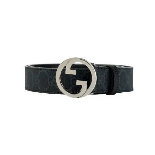 GUCCI Blondie Canvas Leather Belts Women's Black Width 3cm