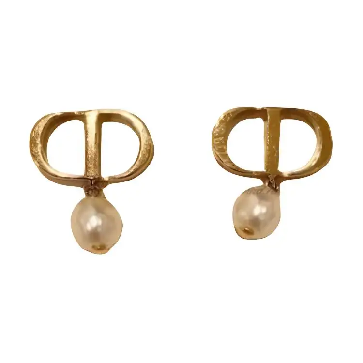 DIOR Resin Pearl Stud Earrings Women's Gold