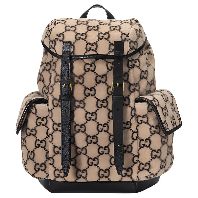 GUCCI Wool Patchwork Leather Backpack Beige/Black