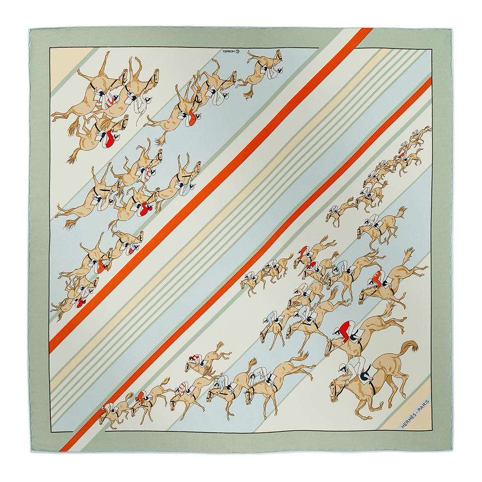 HERMES Brand Logo Silk Scarves Unisex Green/Blue/Orange