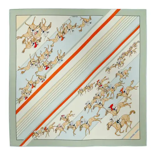 HERMES Brand Logo Silk Scarves Unisex Green/Blue/Orange