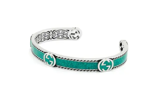 GUCCI Interlocking 925 Sterling Silver Enamel Bangles Unisex Green/Silver