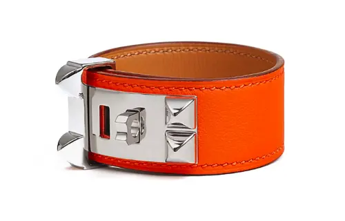 HERMES Collier De Chien Metal Accessories, Calfskin, Palladium Plated Wristbands Women's Orange