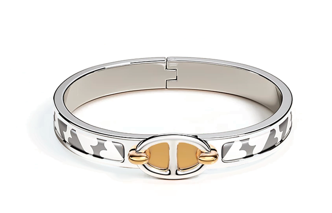 HERMES Printed Pattern Enamel, Palladium Plated Bangles Women's Silver