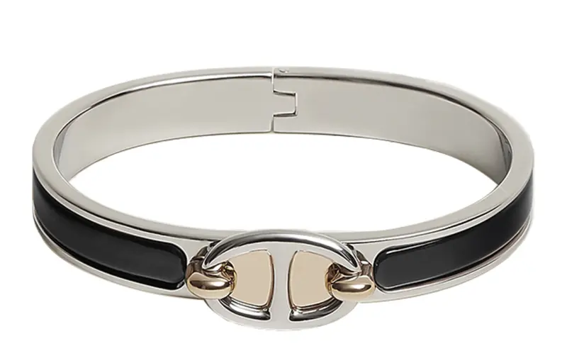 HERMES Mini Clic Chaine D'Ancre Enamel Bangles Women's Silver/Black