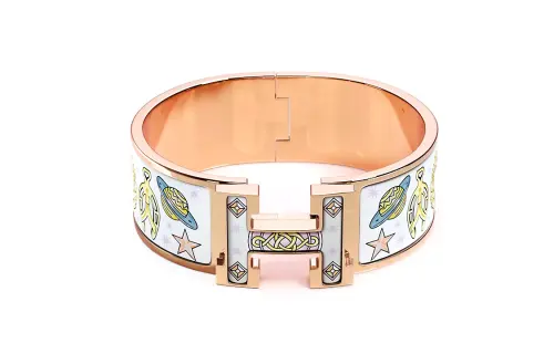 HERMES Patterned Print Enamel, Rose Gold Tone Plated Bangles Women's Light Blue