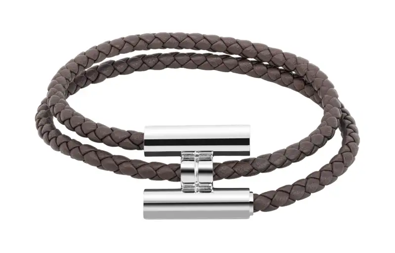 HERMES Tournis Tresse Cow Leather Bangles Men's Tin Gray