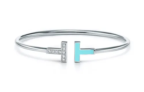TIFFANY & CO. Pre Owned 10s 18K White Gold Diamond T wire Bracelet