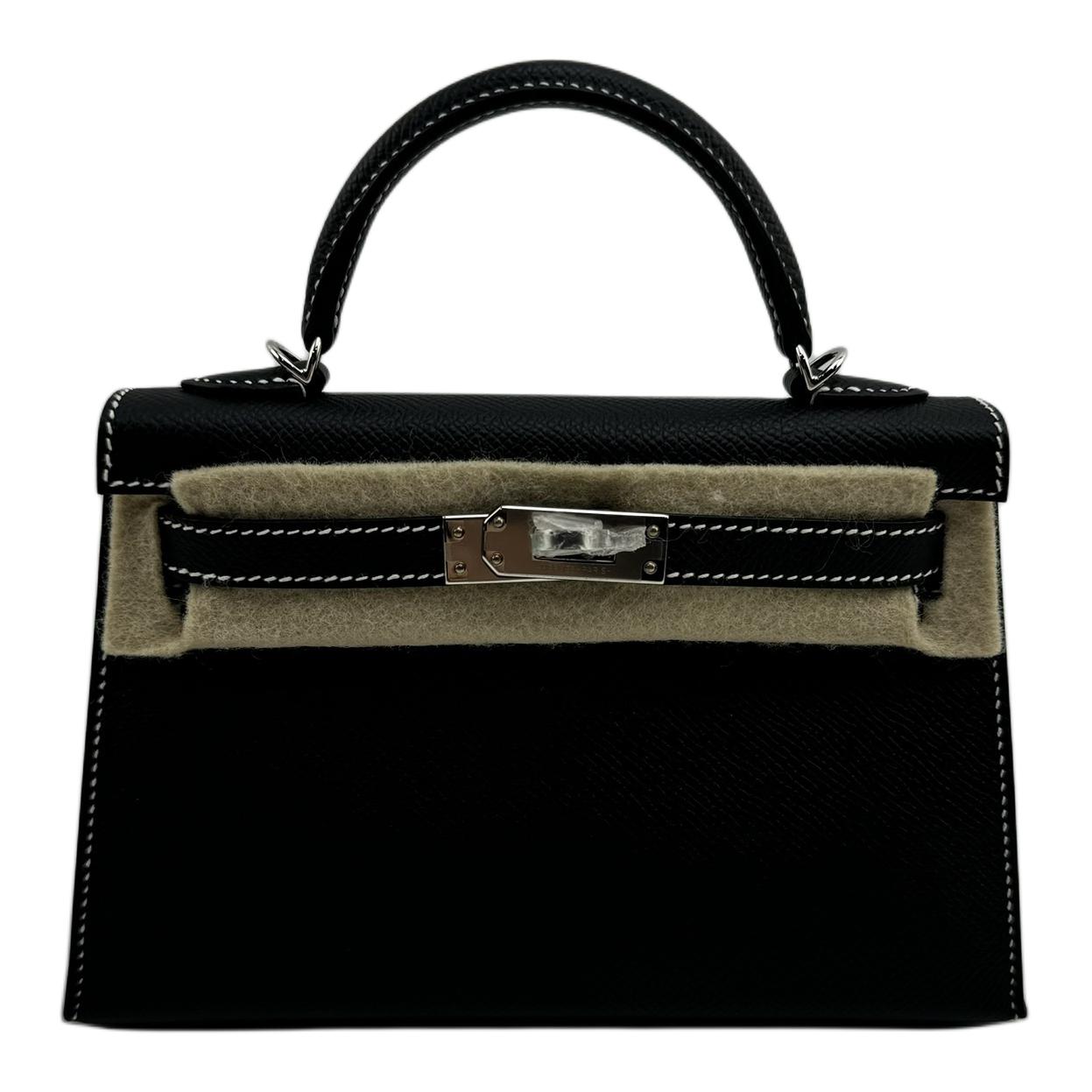 HERMES Hermès Mini Kelly 1st Generation Black Silver 2nd Generation SO Customized White Reverse Wiring with Golden Brown Epsom Leather Kelly Handbag Women's Black
