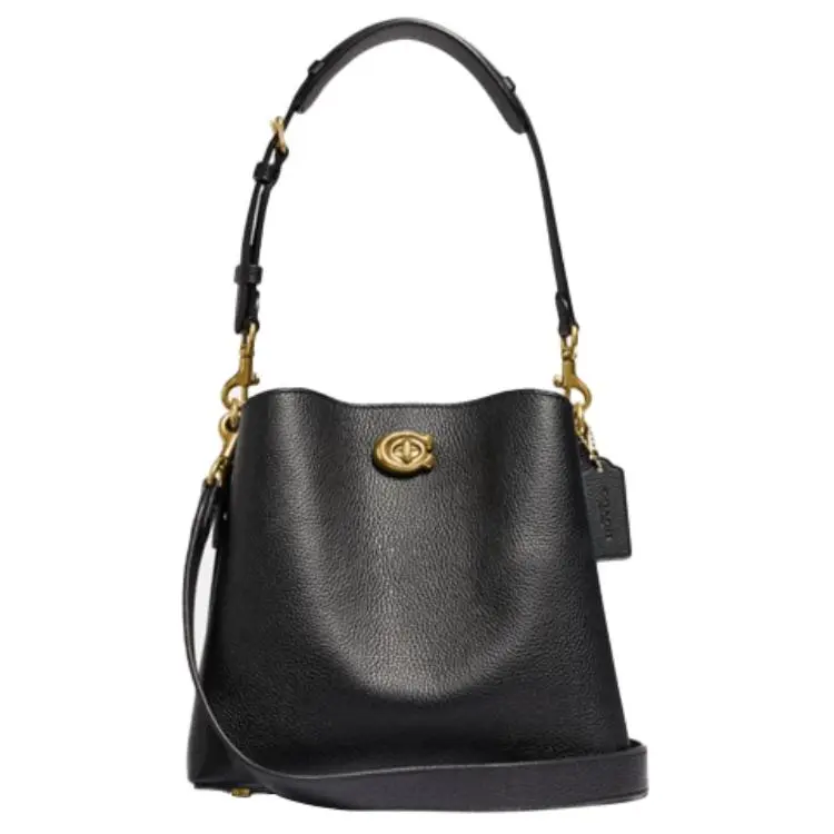 COACH Willow Polished Pebbled Leather Bucket Bag, Portable Crossbody Bag, Shoulder Bag Medium Women's Brass & Black