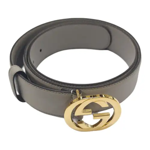 GUCCI Interlocking G Leather Belts Men's Gray Width 3.7cm