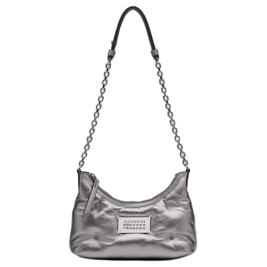 Maison Margiela Glam Slam Metallic Quilted Logo Sheepskin Crossbody Shoulder Bag Women Silver