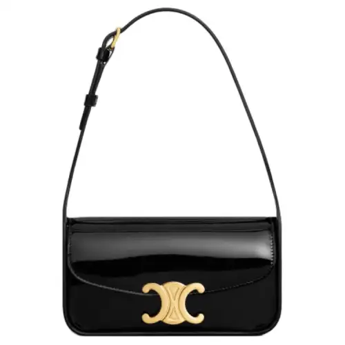CELINE TERENCE Patent Leather Shoulder Bag Women's Black