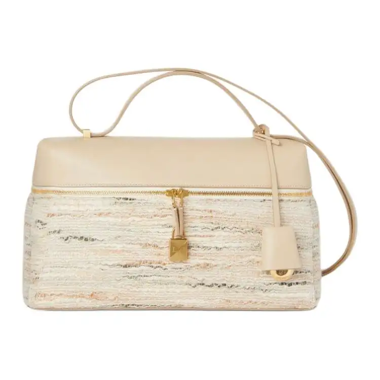 Loro Piana Linseed With Acrylic Handbag Women's Elegant Pink & Stone Color & Sun Gold