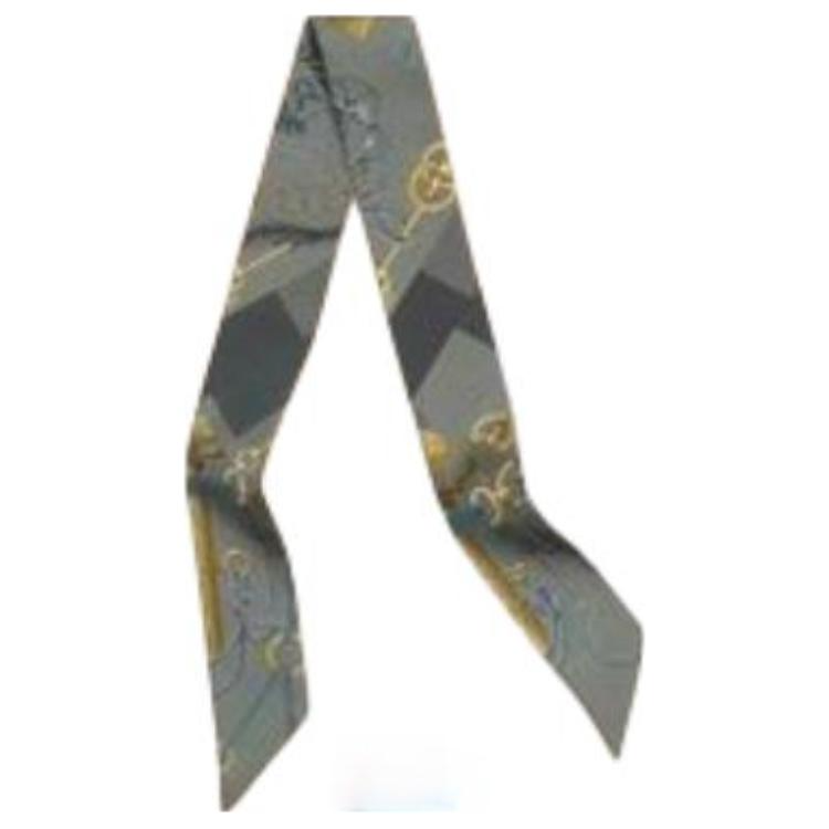 HERMES Letter Print Silk Scarves Men's Blue Gray/Green