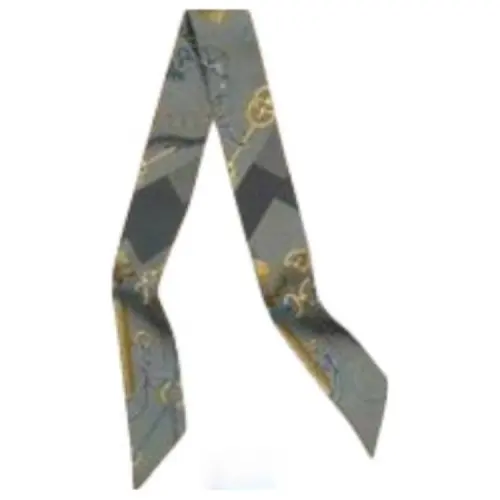 HERMES Letter Print Silk Scarves Men's Blue Gray/Green