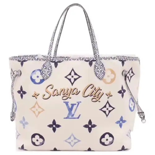 LOUIS VUITTON NEVERFULL Leather Tote Bag, Shopping Bag, Handbag Regular Women's White & Blue