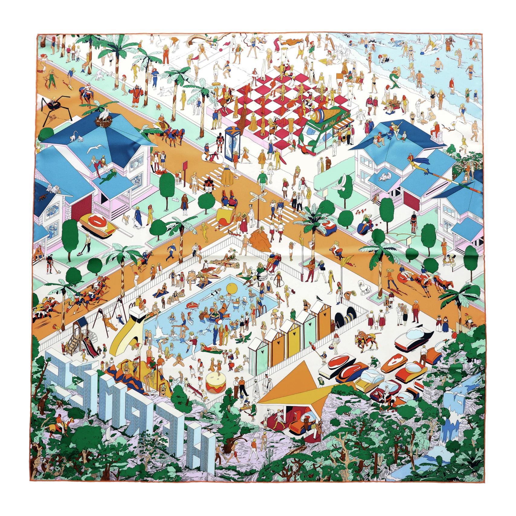 HERMES Mulberry Silk Scarves Women's Blue/Orange/Green