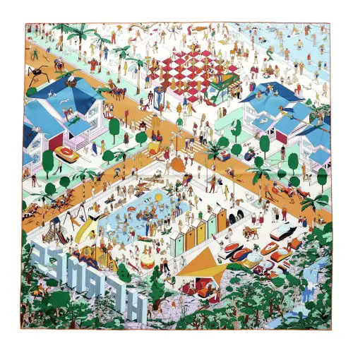 HERMES Mulberry Silk Scarves Women's Blue/Orange/Green