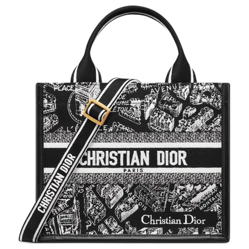 DIOR BookTote Embroidery Tote Bag, Shopping Bag, Shoulder Bag, Crossbody Bag, Handbag Small Women's Black & White