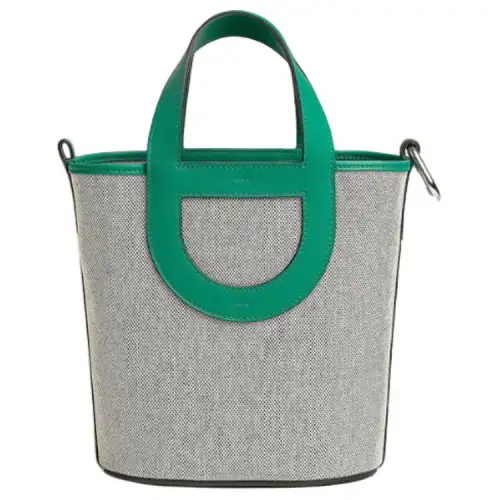 HERMES In The Loop Canvas With Swift Calfskin Basket Bag Pig Nose Bucket Bag Handbag Women's Gray & Green