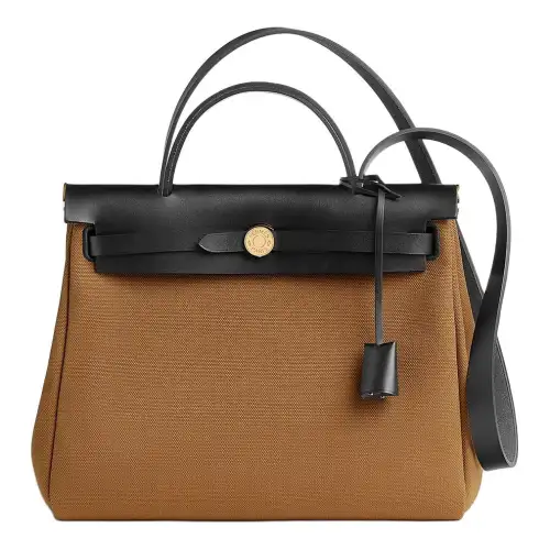 HERMES Herbag Zip Canvas With Hunter Cow Leather Shoulder Bag, Crossbody Bag, Handbag 31 Unisex Chestnut/Black