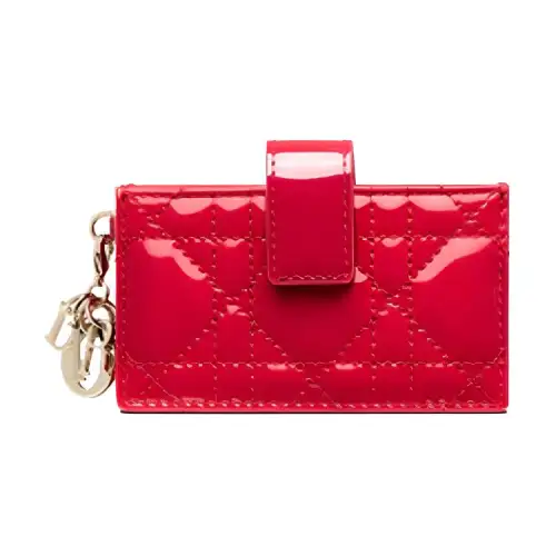 DIOR Lady Dior Wicker Pattern Patent Leather, Cow Leather Coin Purse, Card Holder Women's Raspberry Red