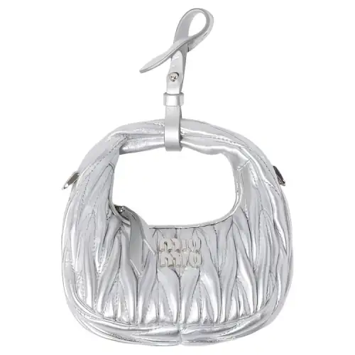 MIU MIU Wander Soft Sheepskin Leather HOBO Handbag, Shoulder Bag, Crossbody Bag Extra Mini Women's Silver