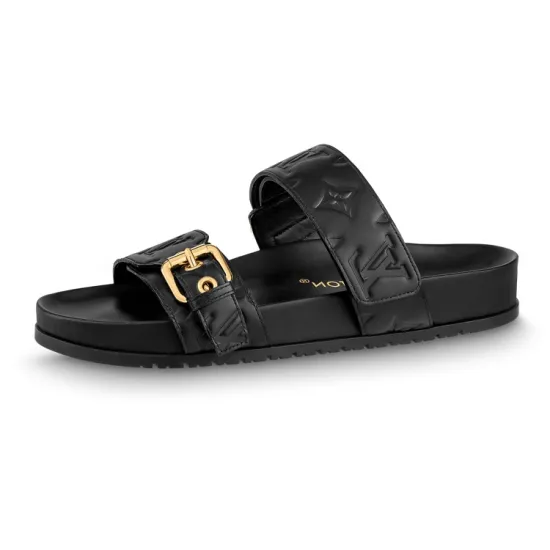 LOUIS VUITTON Bom Dia Slide Slippers Women's Black