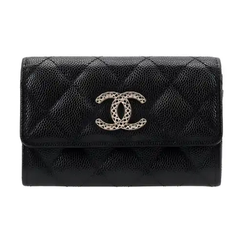 CHANEL Litchi Grain Cow Leather Coin Purse, Card Holder Women's Black