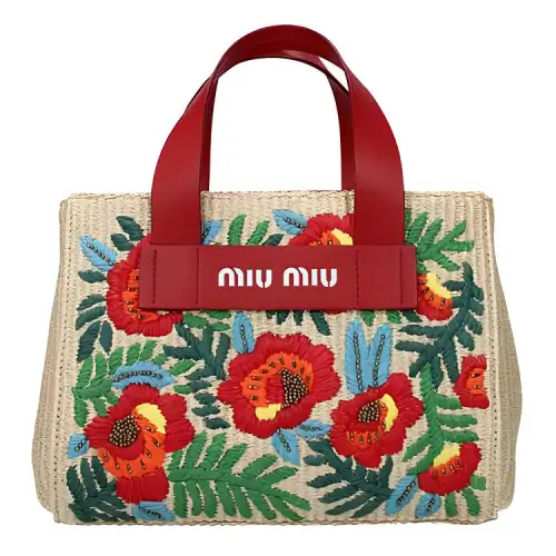 MIU MIU Straw Leather Handbag Women's Beige/Fire Red