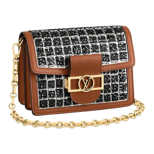 LOUIS VUITTON Cow Leather Chain Bag, Crossbody Bag, Shoulder Bag Women's Black Silver Tweed