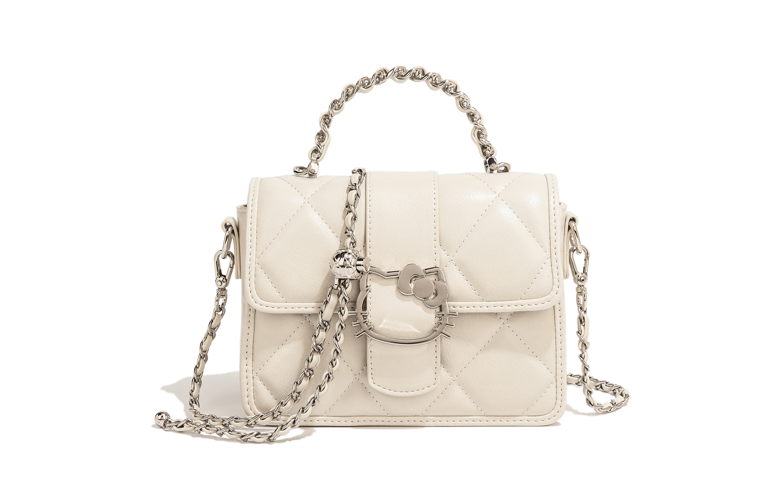 Sanrio Коллаборация Sanrio x Kitty Hello Kitty стиль универсальная ниша серии Kitty для отдыха Добираться кожзаменитель Крест -Бодихаул пакет Сяо Фанг пакет Середина женский белый