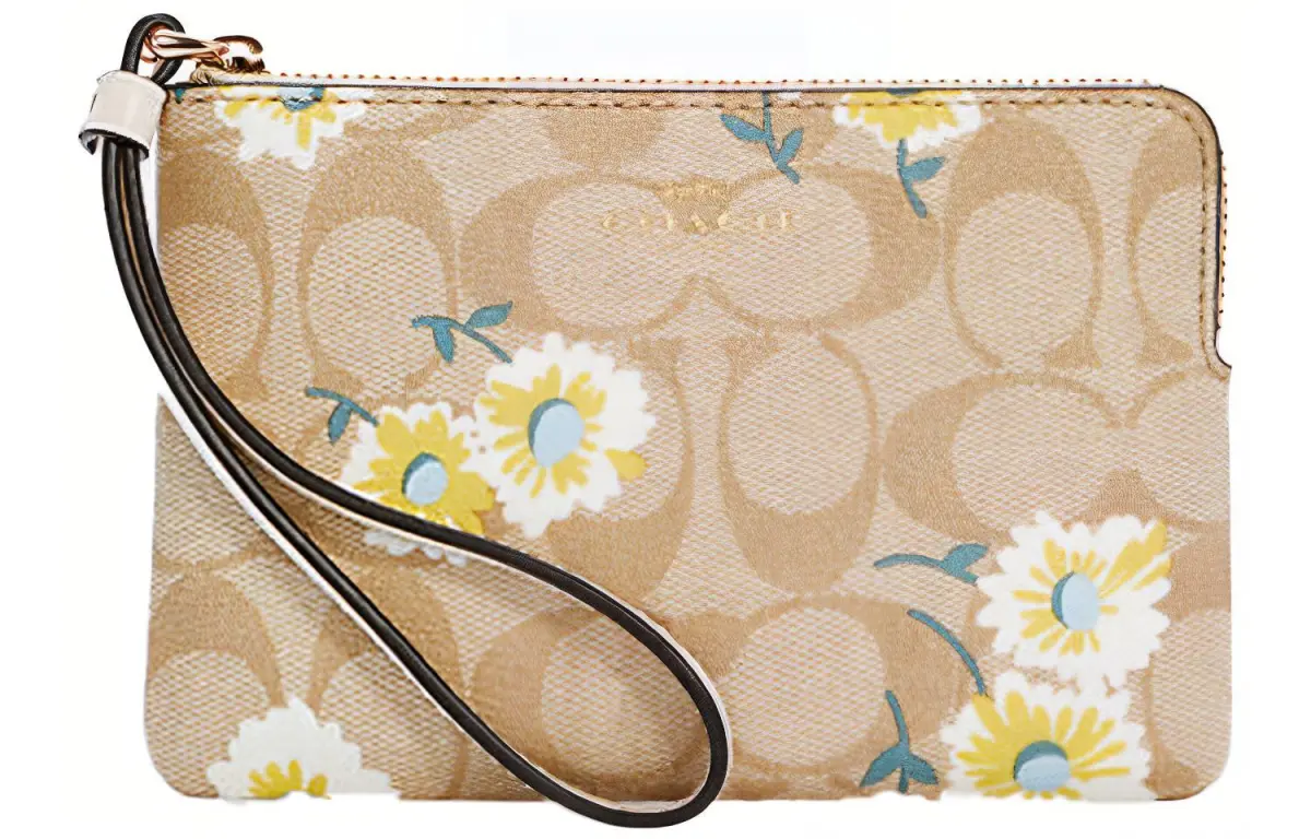 COACH Corner Zip Canvas With Leather Crossbody Bag Clutches Small Women's Khaki Monogram
