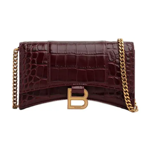 Balenciaga Hourglass Crocodile Embossed Leather Shoulder Bag, Crossbody Bag, Wallet Women's Burgundy