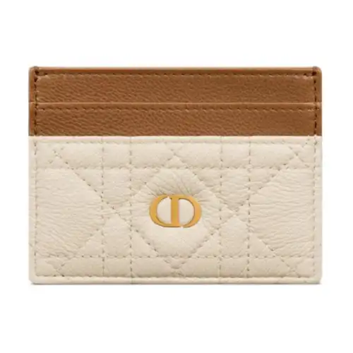 DIOR Caro Calfskin Card Holder Women's Old Ivory Color With Gold Brown