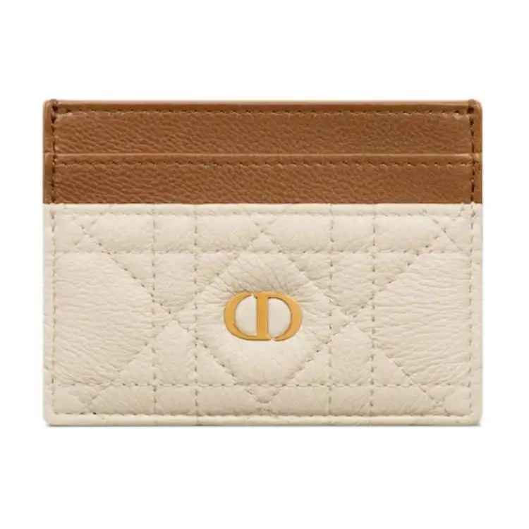 DIOR Caro Calfskin Card Holder Women's Old Ivory Color With Gold Brown