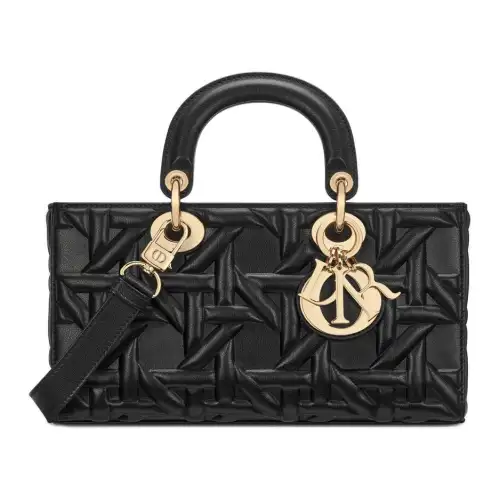 DIOR Lady D Joy Wicker Pattern Cow Leather Handbag, Shoulder Bag, Crossbody Bag, Handbag Medium Women's Black