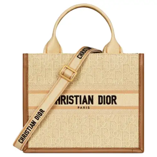 DIOR BookTote Embroidery Raffia Grass Handbag Small Women's Beige