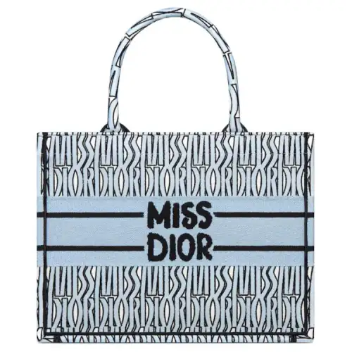 DIOR BookTote Embroidery Tote Bag, Shopping Bag, Handbag Medium Women's Light Blue & Black