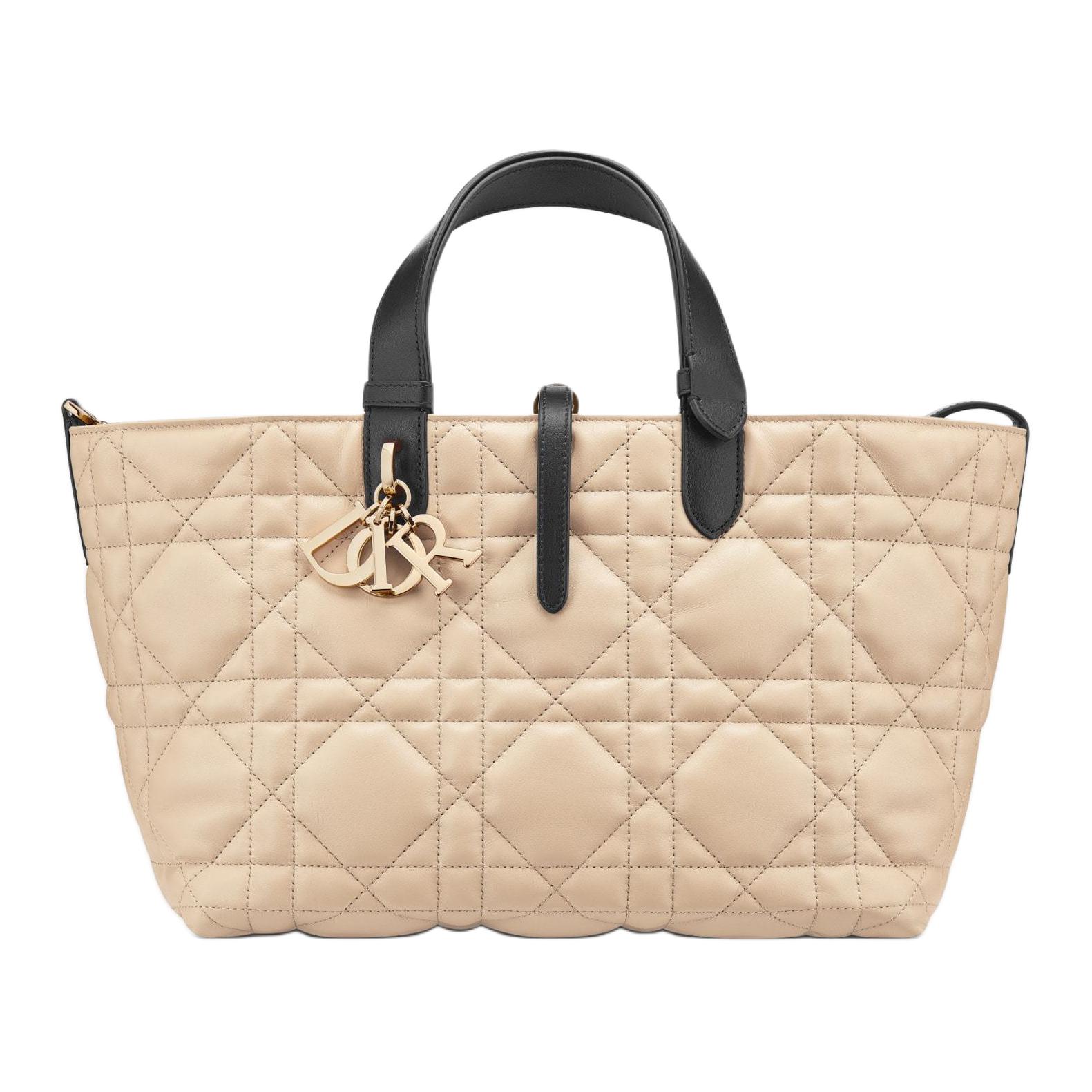 DIOR Toujours Extra Large Wicker Pattern Cow Leather Handbag Medium Women's Rope Beige & Black