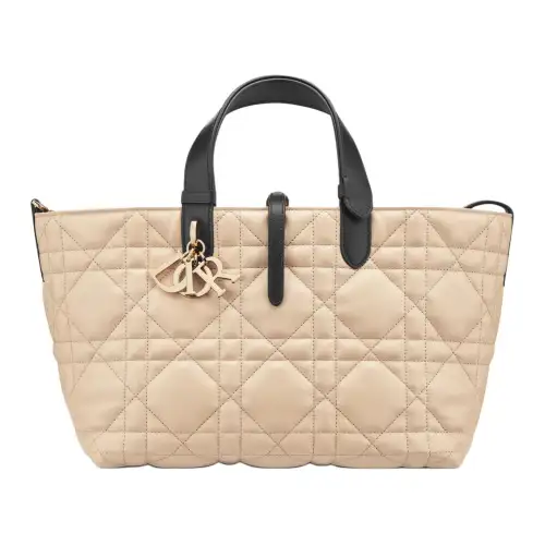 DIOR Toujours Extra Large Wicker Pattern Cow Leather Handbag Medium Women's Rope Beige & Black