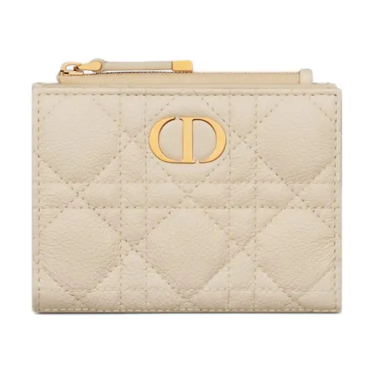 DIOR Caro Wicker Pattern Calfskin Wallet Women's Ivory