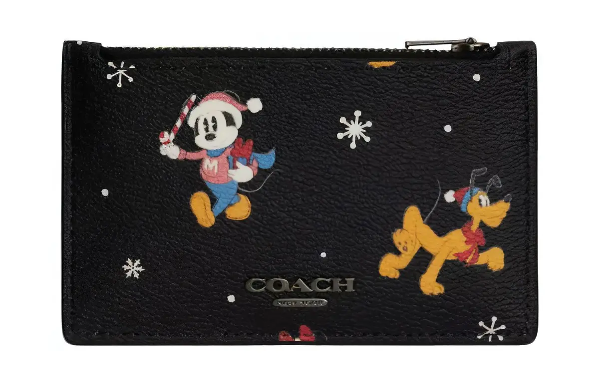 COACH Disney, Collaboration Card Case Canvas With Calfskin Wallet, Card Holder Women's Bronze & Black & Multicolor