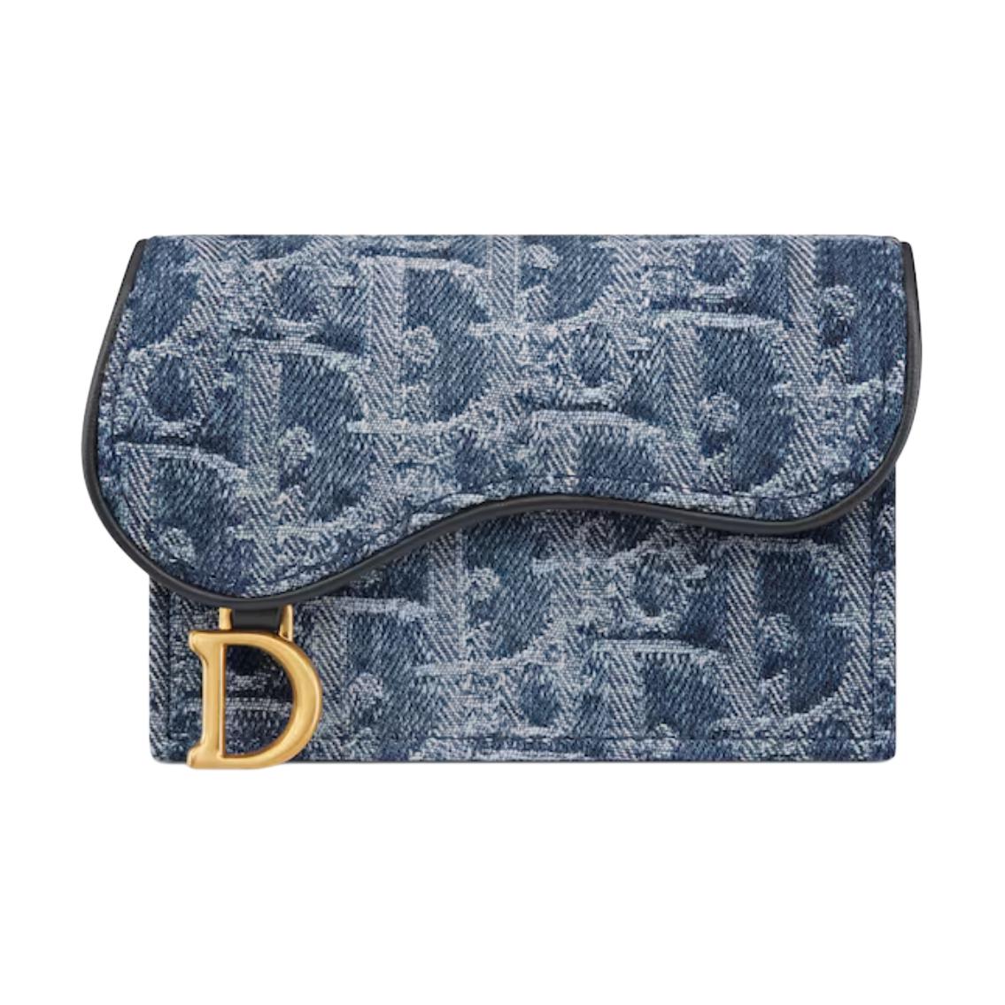 DIOR Dior SaddleOBLIQUE metal D-shaped pendant flip closure canvas and denim card holder women's blue