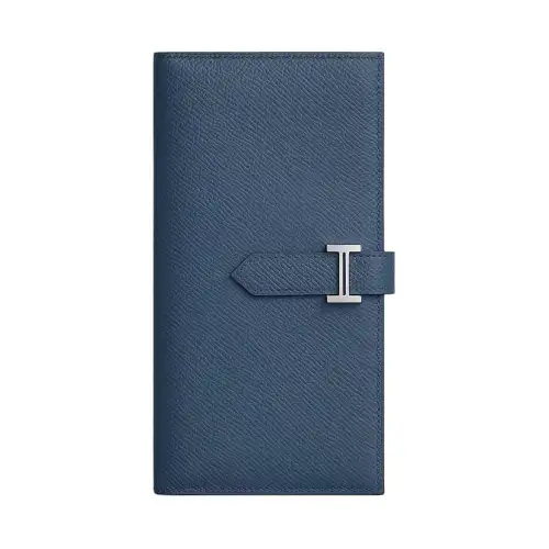 HERMES Bearn Silver Tone Buckle Epsom Leather Wallet Women's 7U Navy