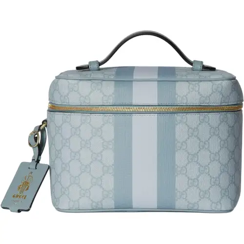 GUCCI Ophidia Canvas With Leather Binding Portable Travel Makeup Storage Bag Medium Size Women's Gray Blue