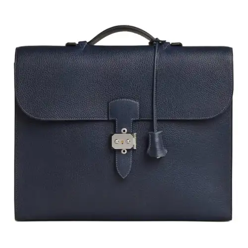 HERMES Sac A Depeches Silver Tone Buckle Calfskin Handbag Men's 2Z Bleu Nuit Midnight Blue